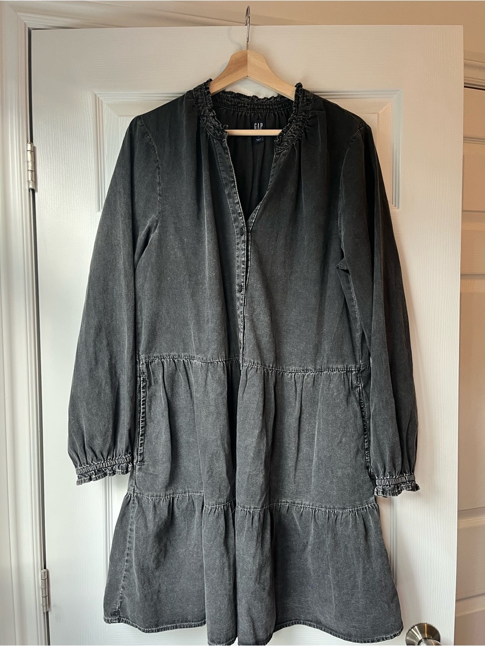 GAP Washed Black Tiered Long-Sleeve Dress